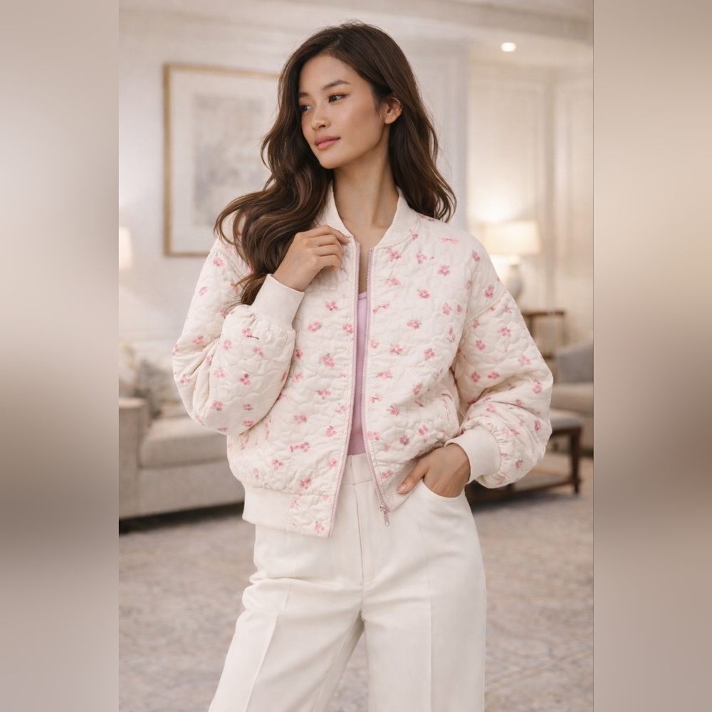 Very J Floral Quilted Bomber Jacket - Pink and Cream